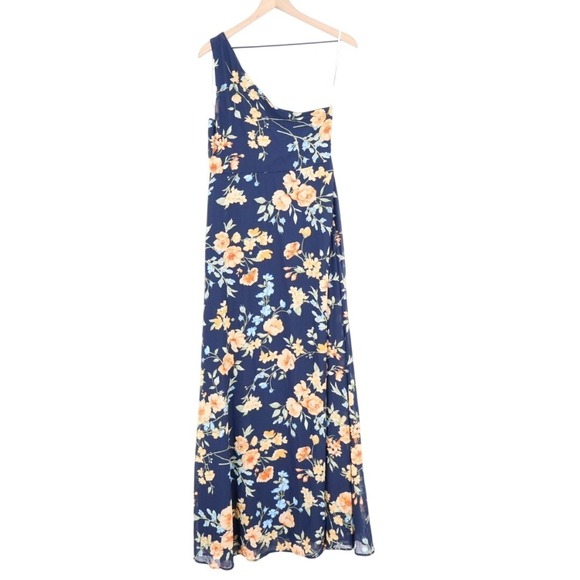 Lulus Elegant Admiration One Shoulder Maxi Dress Womens Medium Navy Blue Floral - Picture 8 of 9